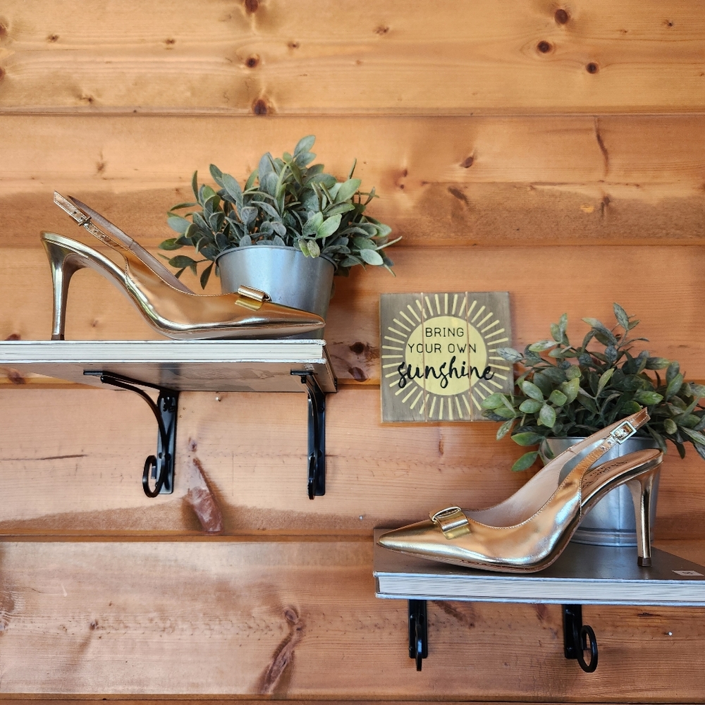 Paolo Bentini Metallic Gold Slingback Point Toe Heels Leather Pump Italy Sz 36.5